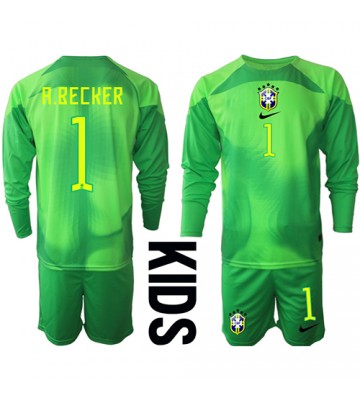 Brasilien Alisson Becker #1 Målvakt Borta Kläder Barn VM 2022 Långärmad (+ Korta byxor)